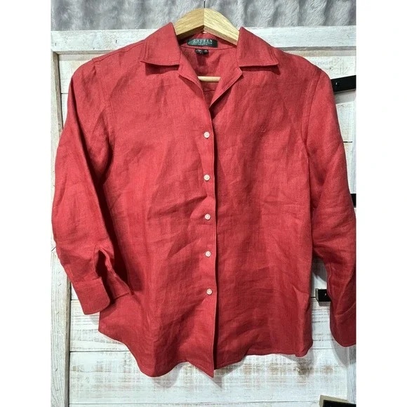 Lauren Ralph Lauren 100% Linen Red 3/4 Sleeve Women's Button Up Shirt P/L - Picture 1 of 6